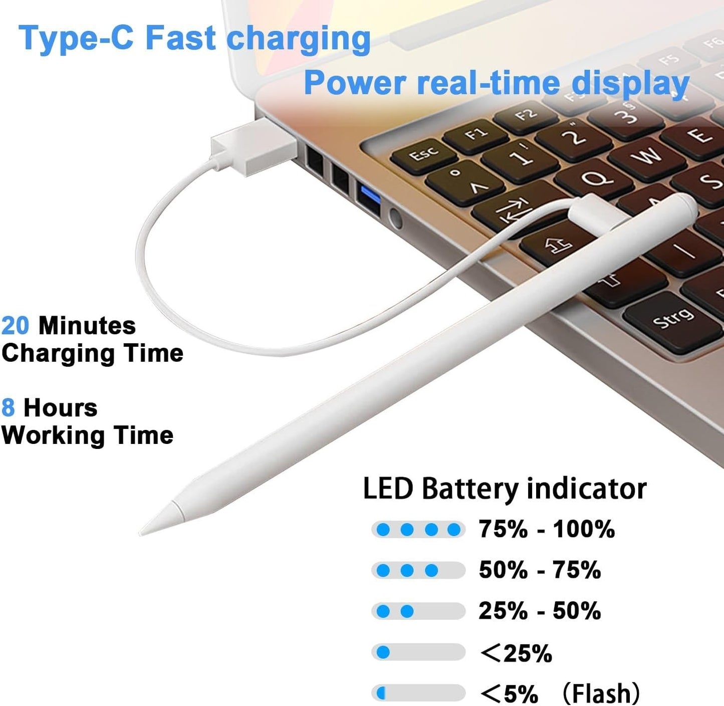Stylus Pen for iPad 9th/10th Gen, Type-C Recharge, Palm Rejection, White