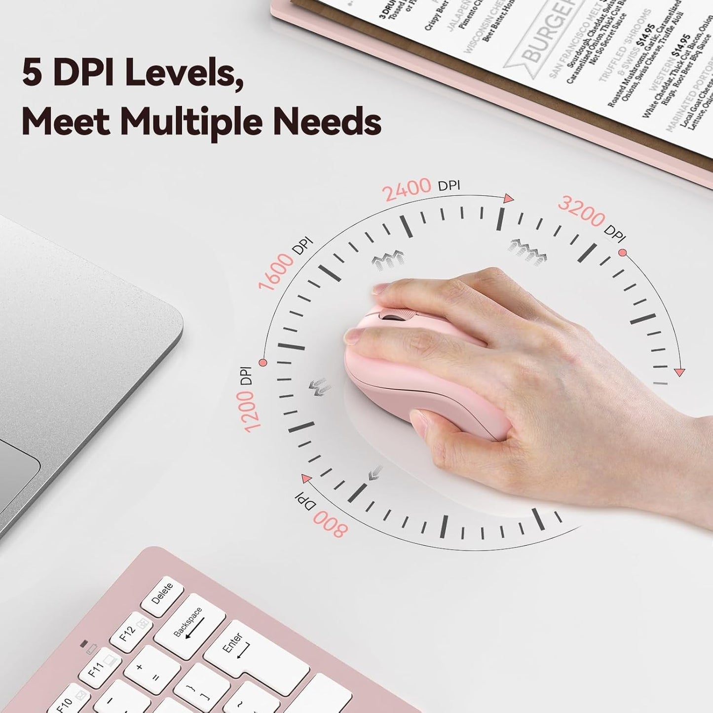 TECKNET Pink Wireless Mouse – Quiet, 5 DPI, Contoured Grip, 30 Months Battery