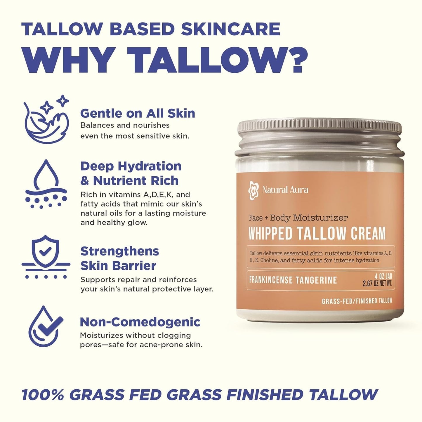 Whipped Beef Tallow & Honey Balm 4oz Natural Face Body Moisturizer Citrus