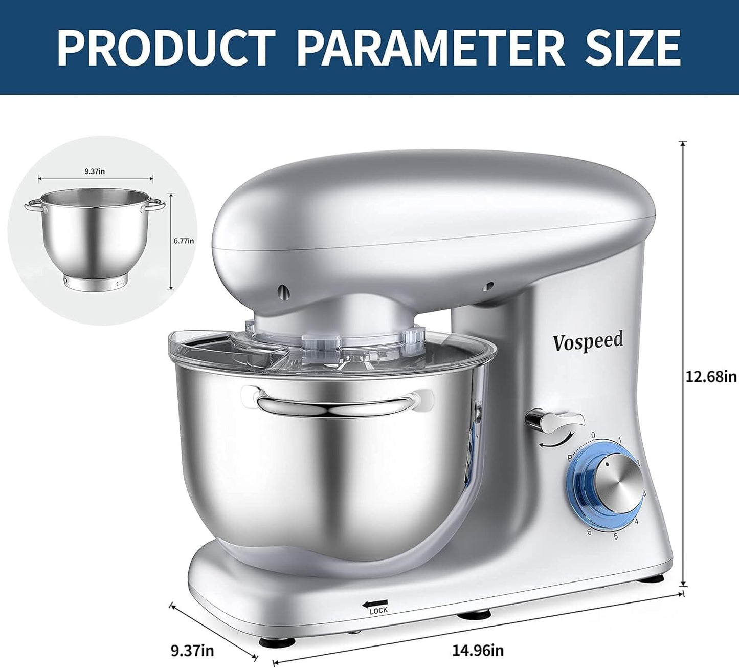 660W Vospeed Stand Electric Mixer 6Speed TiltHead Kitchen Dough 6 Qt Stainless