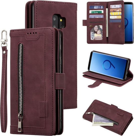 Galaxy S9 Wallet Case by UEEBAI – PU Leather, Zipper, Kickstand, Red - OEM