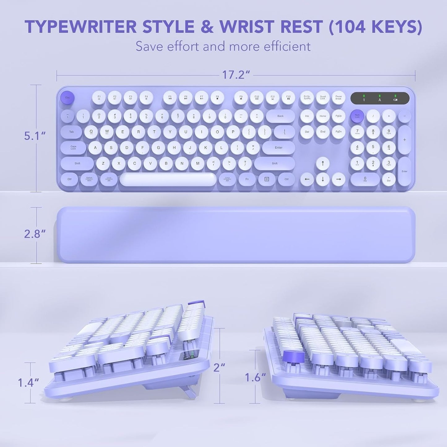 Wireless Retro Typewriter Keyboard Round Keycaps Detachable Wrist Rest Purple