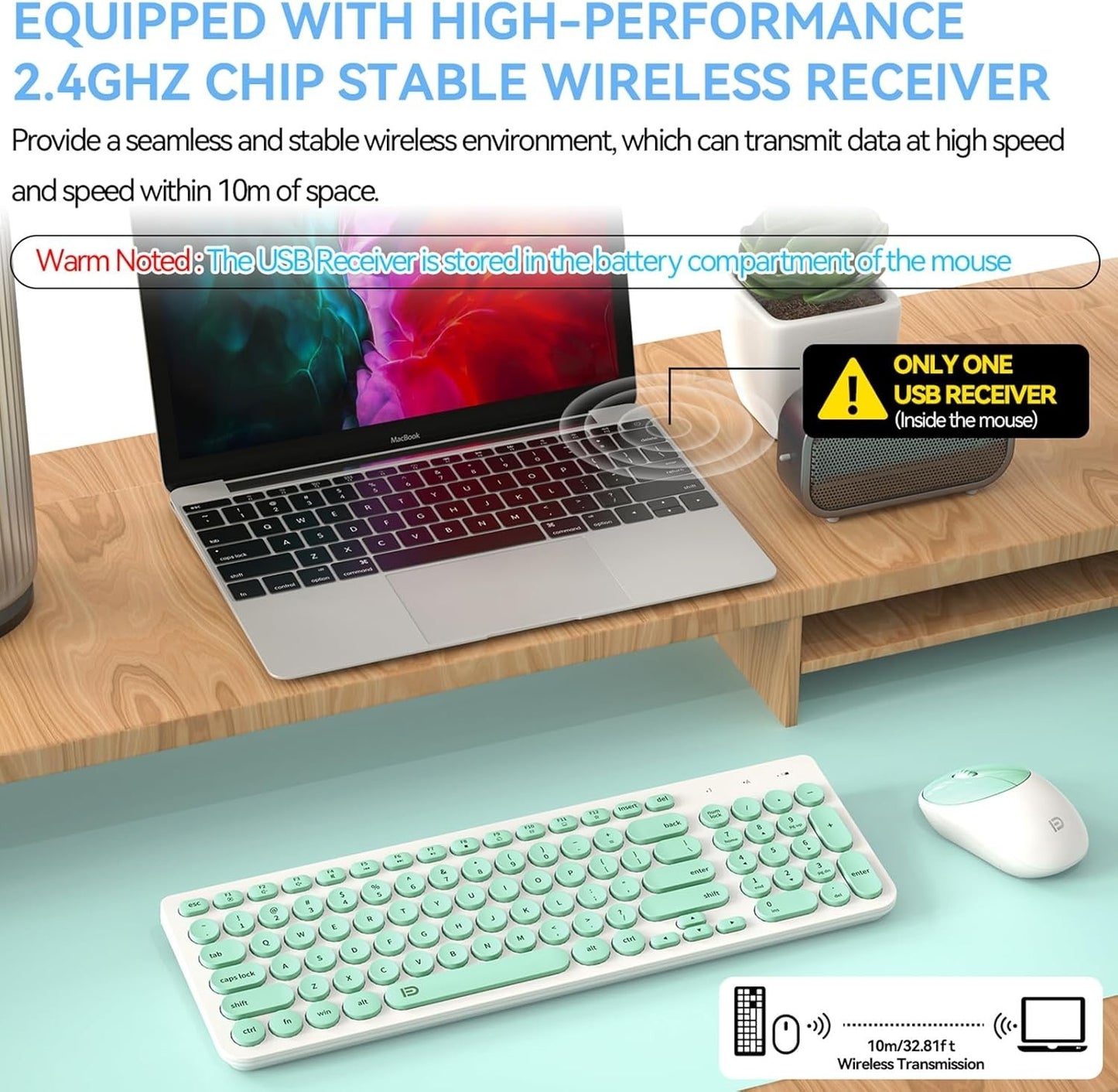 FD Wireless Keyboard Mouse Combo 2.4GHz Mint Green Quiet Slim Round Keys