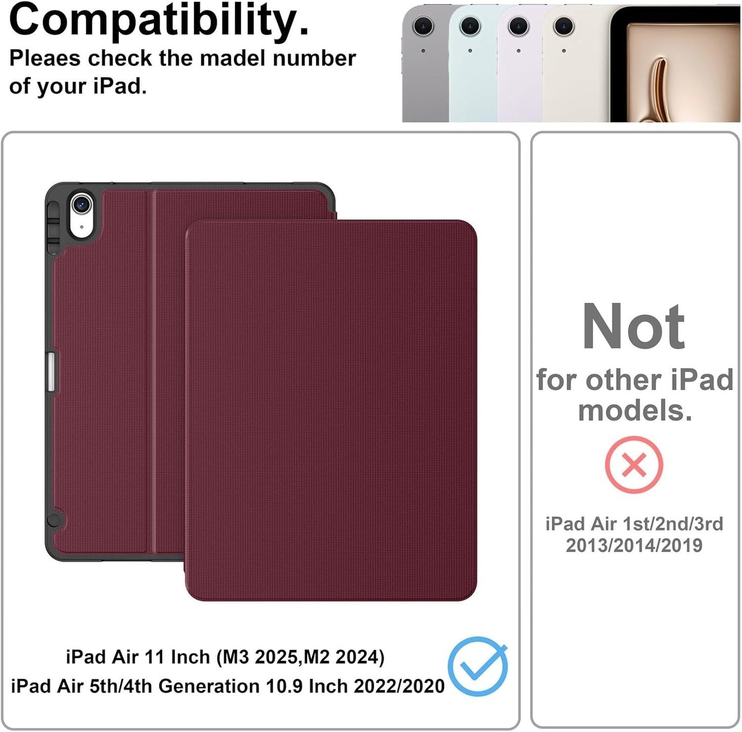 Supveco iPad Air 11" (M3/M2) & 10.9" (5th/4th Gen) Shockproof Folio Case – Wine