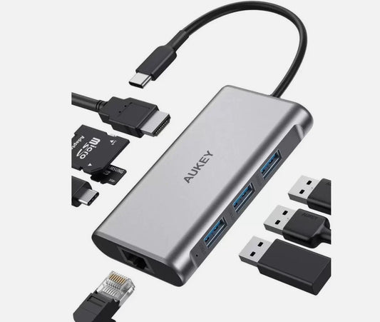 Aukey 8-in-1 USB C Hub with 4K HDMI, Gigabit Ethernet Port - Silver