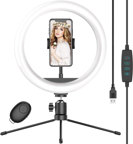 Waulnpekq 10 Self Ring Light W Tripod Stand Phone Holder Ring Light