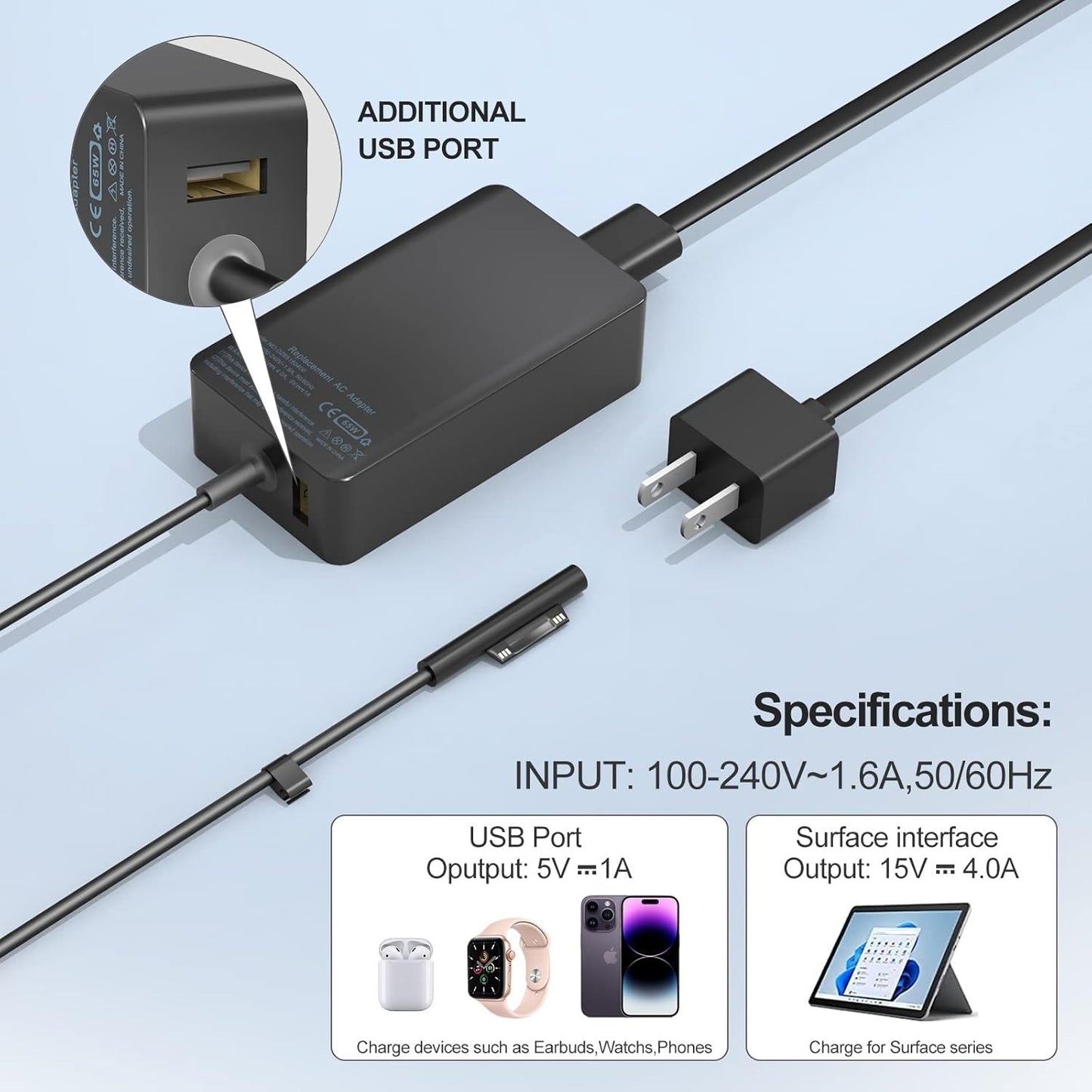 65W Charger for Microsoft Surface Pro 9/8..4/3/X Laptop 5/Studio/Go/Book + Case