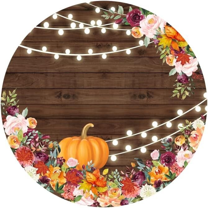 YongFoto 6x6ft Thanksgiving Day Round Backdrop Cover Floral Orange Pumpkin Rusti