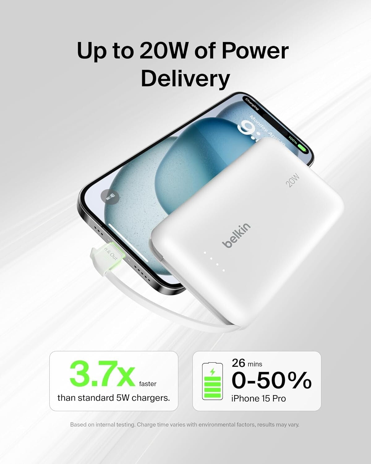 10K 20W Belkin Power Bank Portable Power Bank Integrated Cable PD