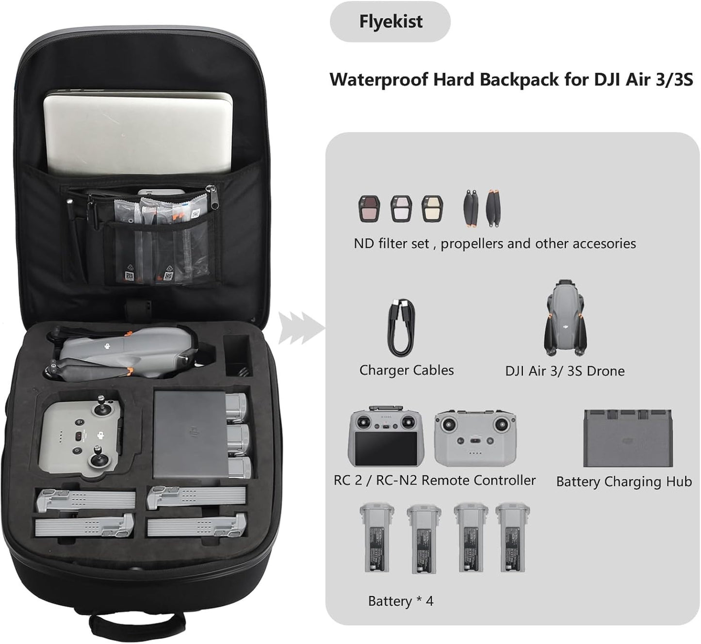 Waterproof Hard Carrying Case Backpack for DJI Air 3/3S Fly More Combo & RC