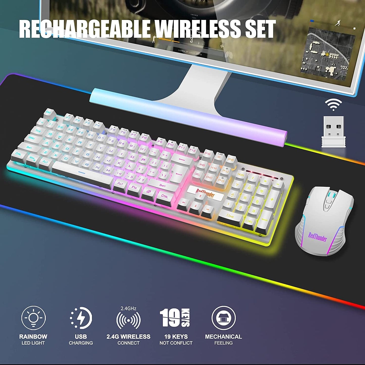 K10 LED RedThunder Wireless Gaming Keyboard Mouse Combo Backlit Rechargeabl