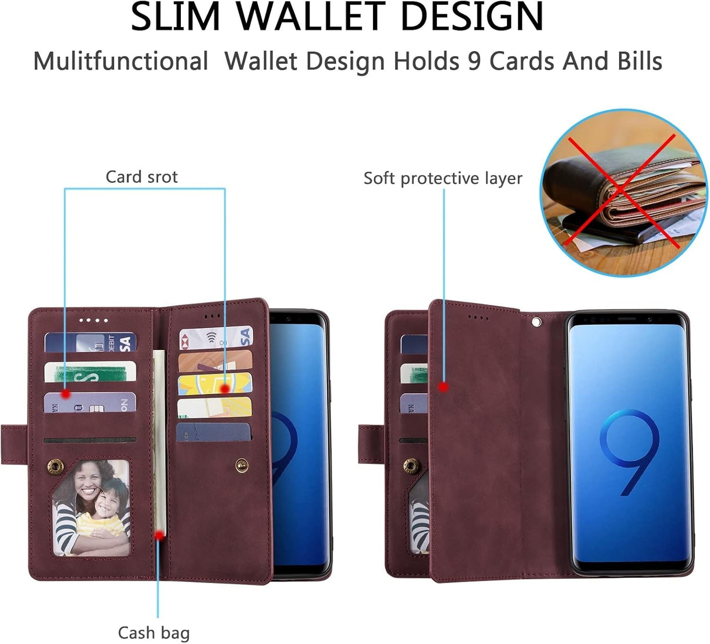 Galaxy S9 Wallet Case by UEEBAI – PU Leather, Zipper, Kickstand, Red - OEM