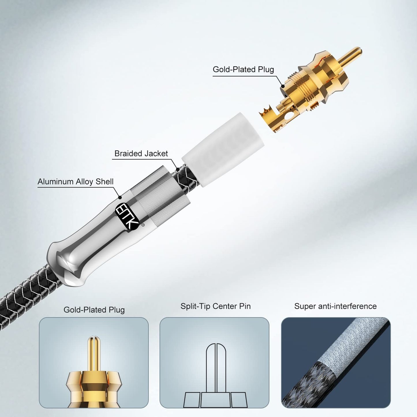 EMK 3FT RCA to RCA Subwoofer Cable – Gold-Plated, Braided, Hi-Fi Audio Cord