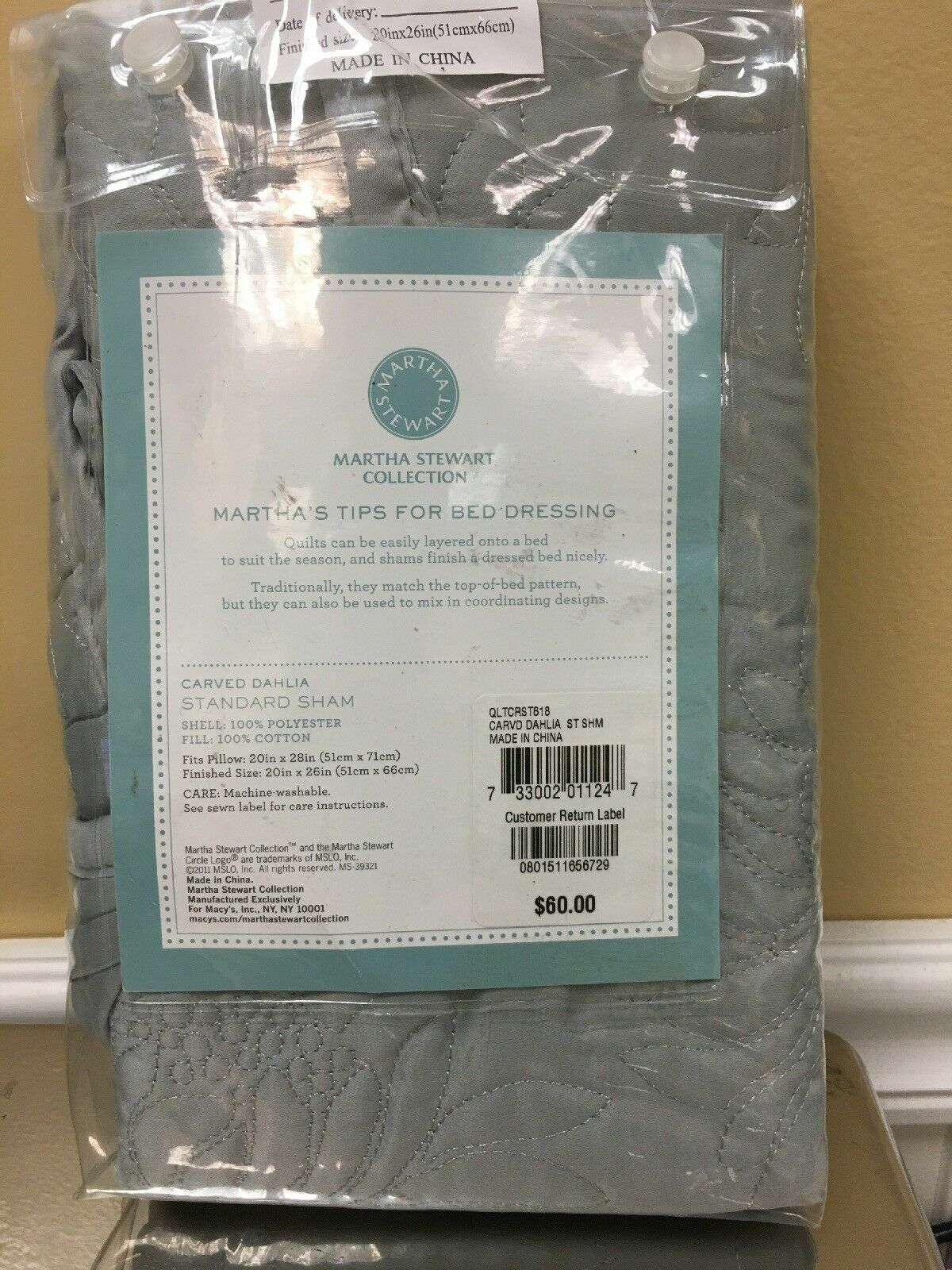 MARTHA STEWART Standard Pillow Sham Carved Dahlia Light Blue