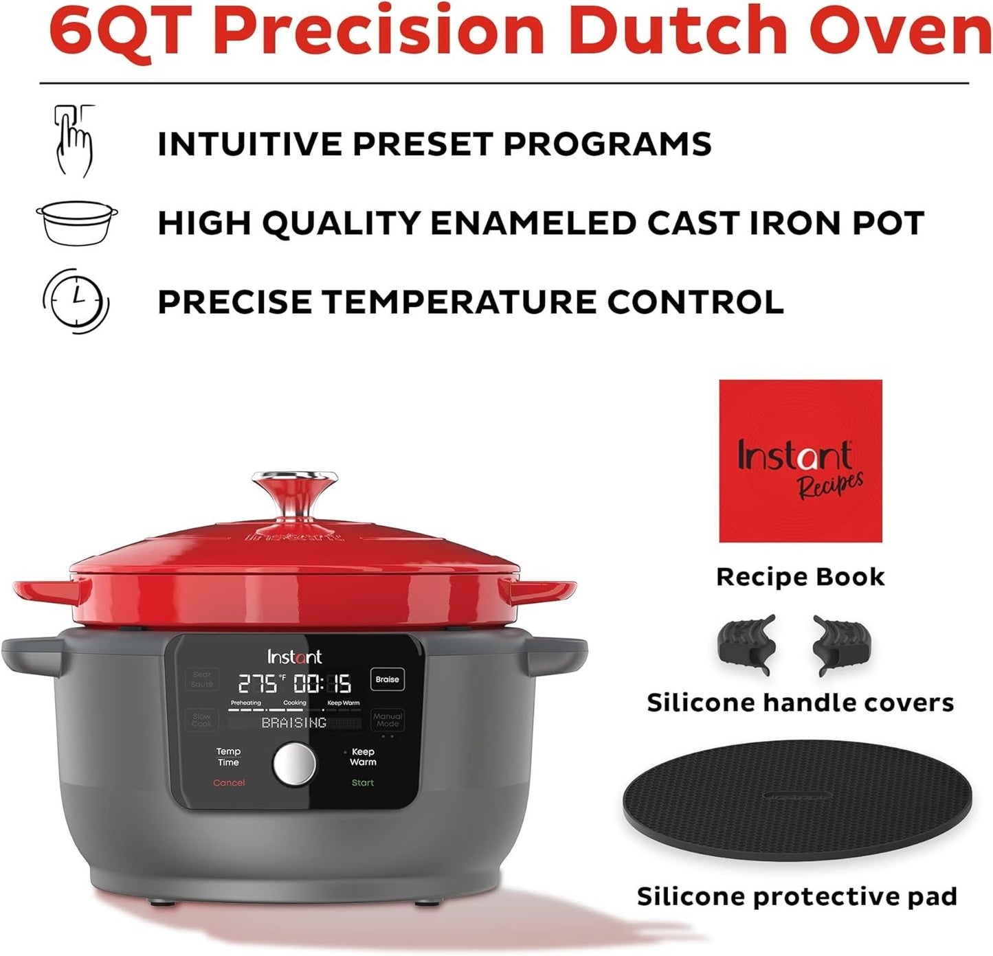 Instant Pot 6QT Electric Dutch Oven, Braise, Sauté 5-in-1, 1500W Red, Cast Iron