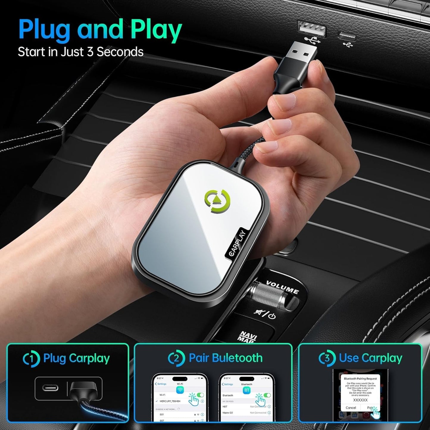 CarPlay Wireless Adapter for iPhone iOS 10+ – Plug & Play, Works 2017+ Cars