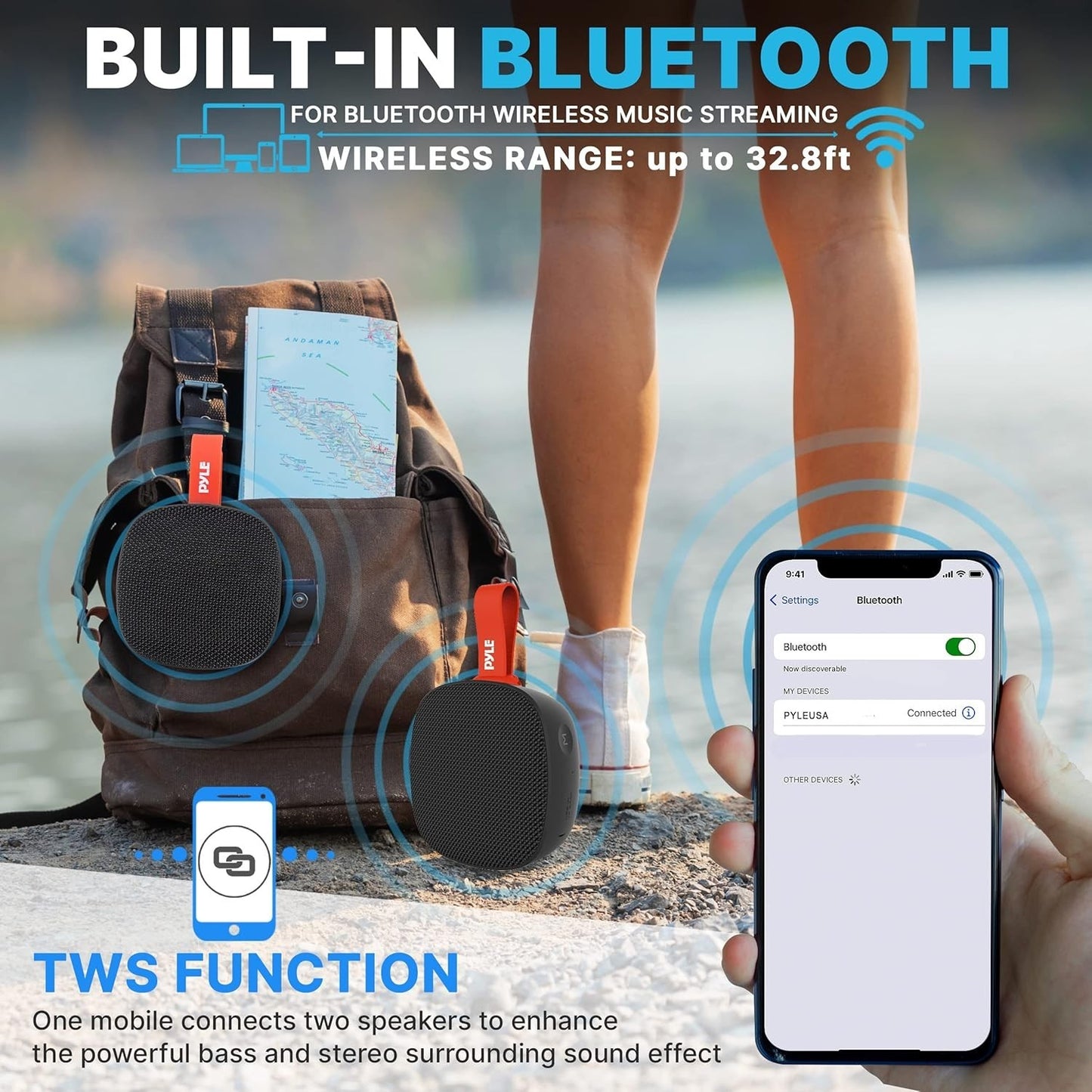 Pyle Portable Bluetooth Speaker IPX7 Waterproof TF Card FM Radio Bass