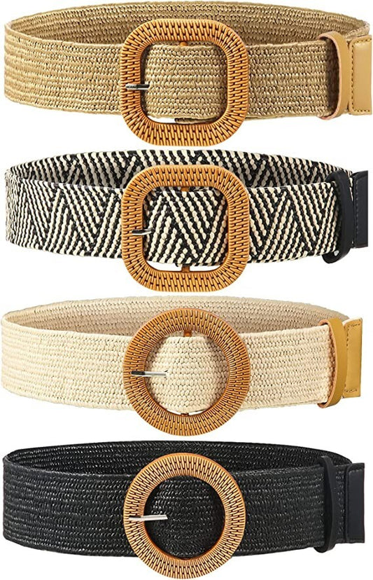 4 Pack Straw Woven Elastic Stretch Waist Belt Women Skinny Dress Belt Wooden Buc