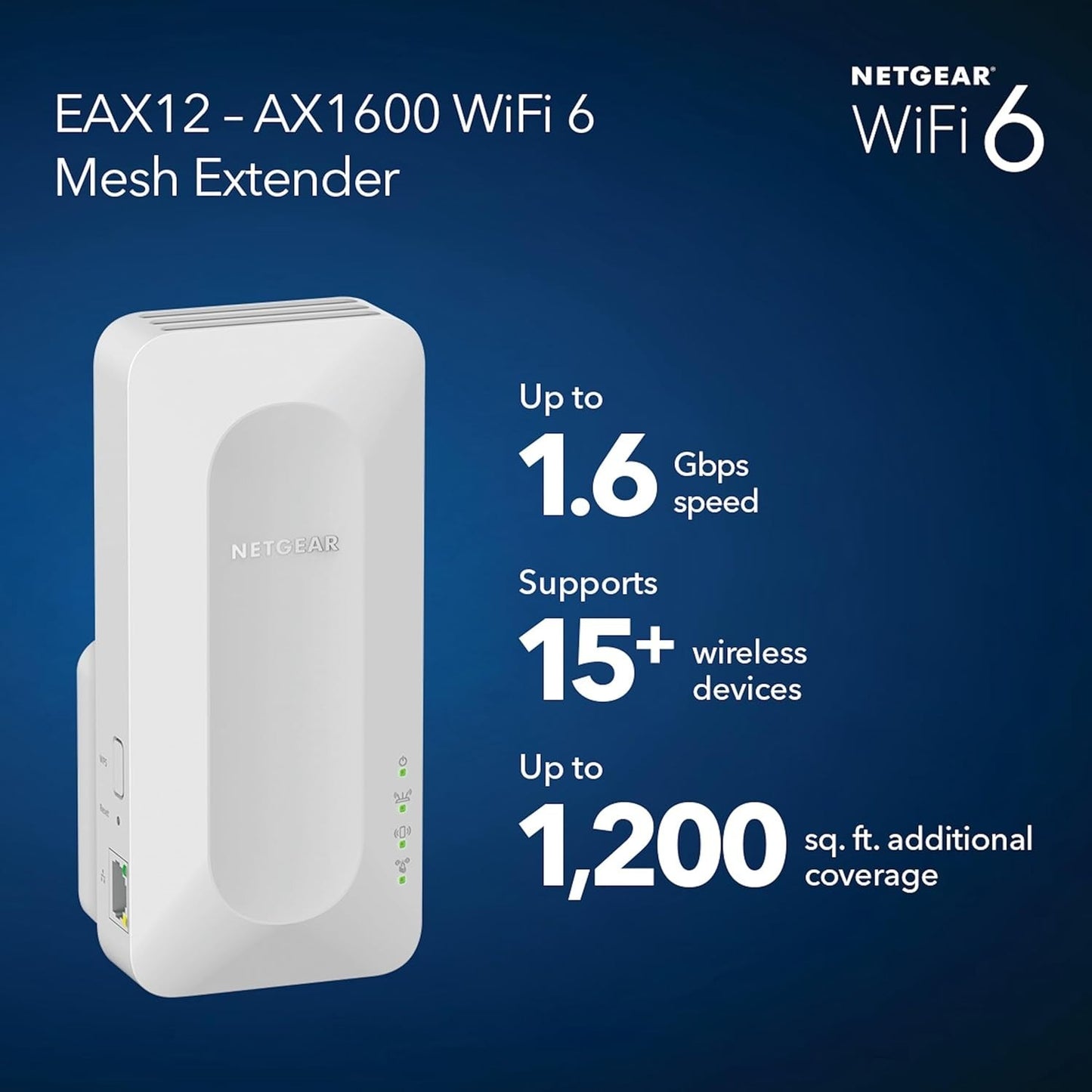 NETGEAR WiFi 6 Extender EAX12 – AX1600 Mesh Booster, 1.6Gbps, Covers 1200 Sq Ft
