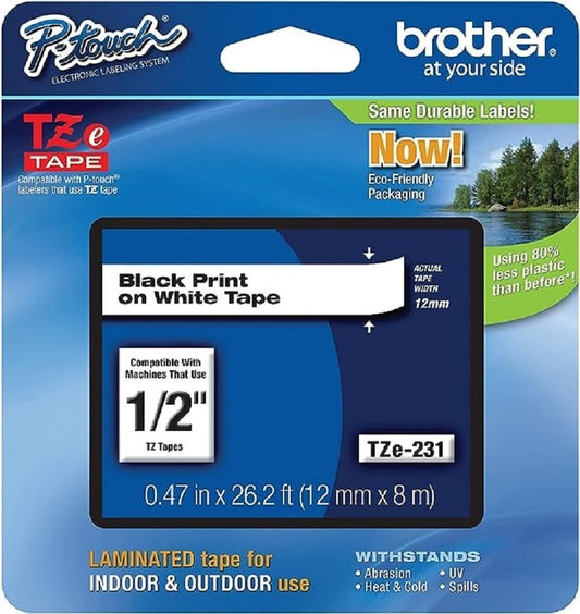 TZE231 Brother Black Print on White Laminated Tape Ptouch Label Maker