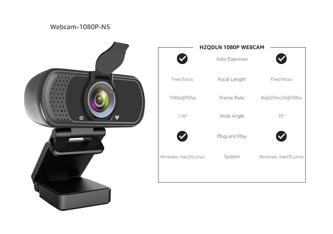 HZQDLN 1080P Webcam HD Webcam w Mic Desktop Laptop Camera w Degree