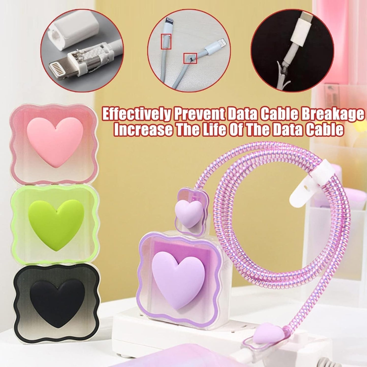 Cute 3D Love Heart Cable Protector for iPhone Charger w/ Spiral Rope & End Cap