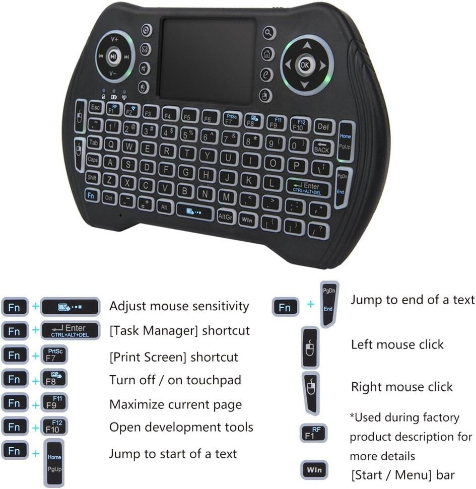 USB 24G Wireless Keyboard Touchpad Mouse Backlit Mini Keyboard MultiMedia