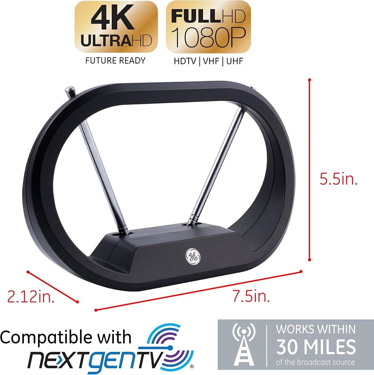 HDTV 33675 GE Modern Loop Indoor Antenna 4K Ultra HD 1080p 4ft