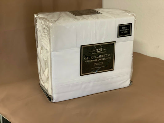 320T 140 Luxury Twill Glenmore Collenction White Cal King Sheet Set 6 Pieces