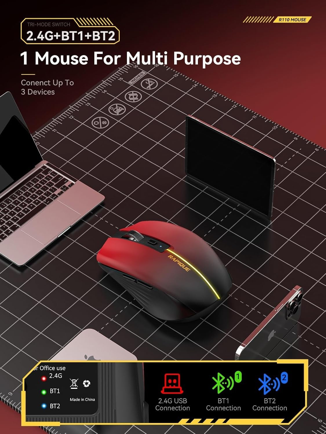 3-Mode Bluetooth Wireless Mouse BT1/BT2+USB Rechargeable Multi-Device, Gradient