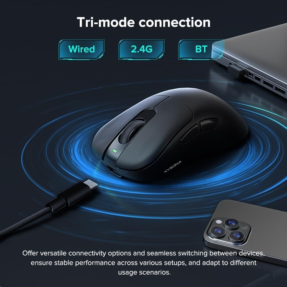 Wireless Gaming Mouse 24000 DPI – Wired/2.4GHz/Bluetooth, 150H Battery, Black