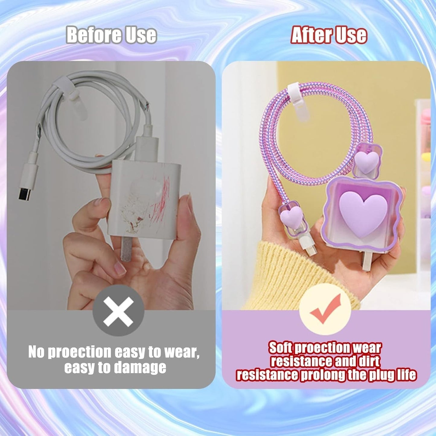 Cute 3D Love Heart Cable Protector for iPhone Charger w/ Spiral Rope & End Cap