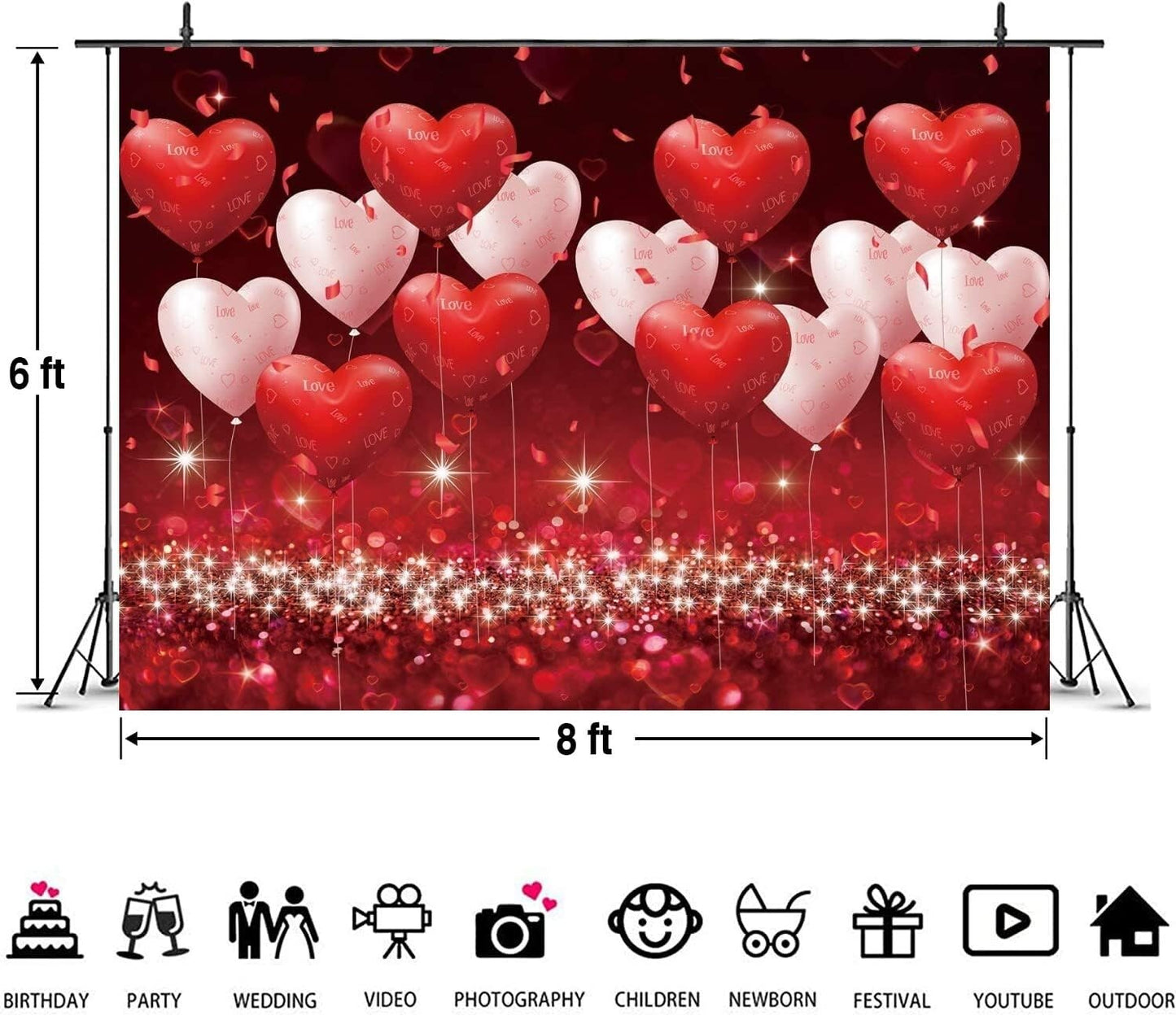Red Pink Hearts Balloons Backdrop Valentines Day Glitter Romantic Couple Photog