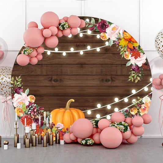 YongFoto 6x6ft Thanksgiving Day Round Backdrop Cover Floral Orange Pumpkin Rusti