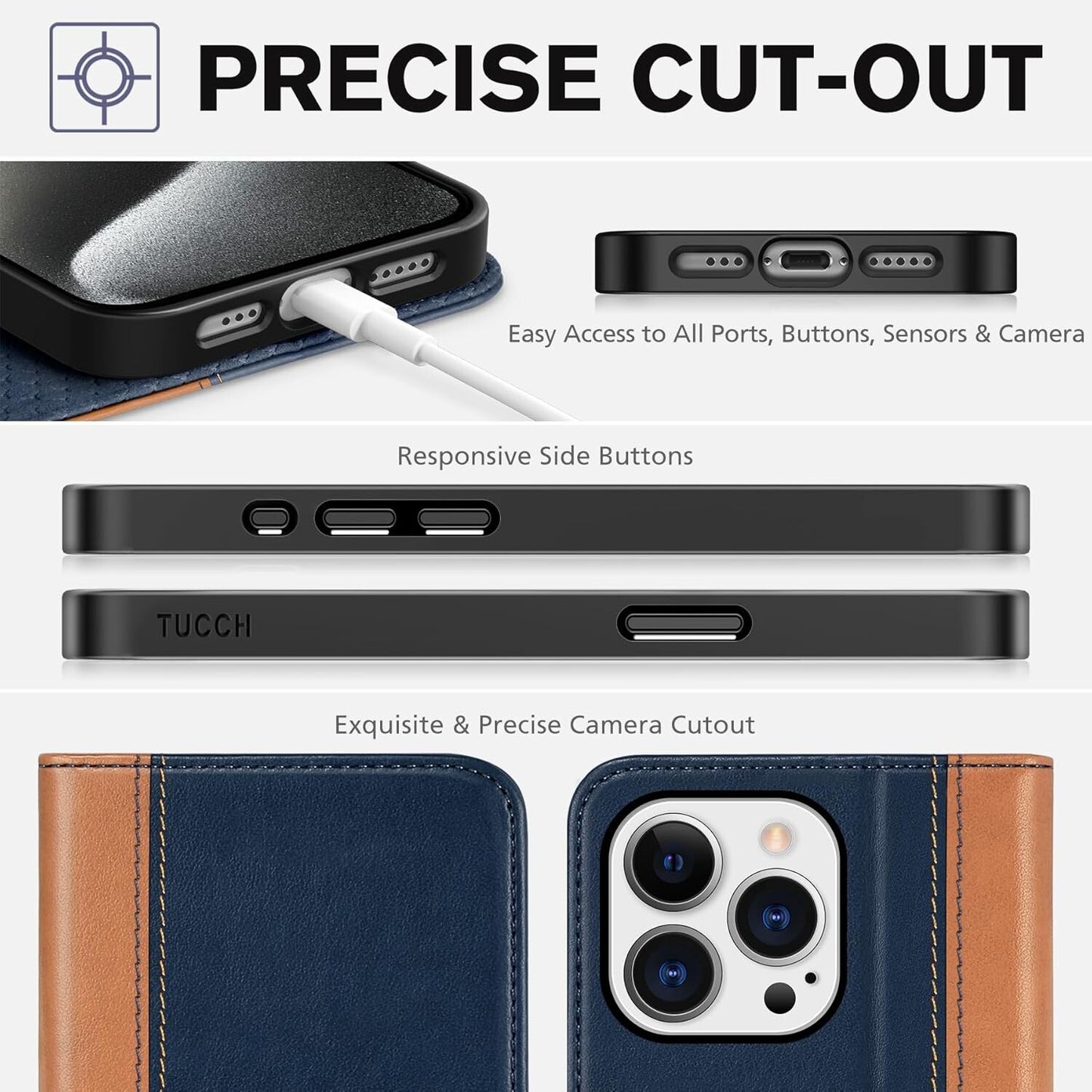 RFID Wallet iPhone 15 Blocking 3 Card Slots Protective Blue Brown