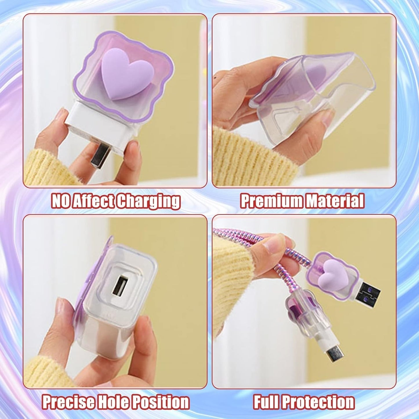 Cute 3D Love Heart Cable Protector for iPhone Charger w/ Spiral Rope & End Cap