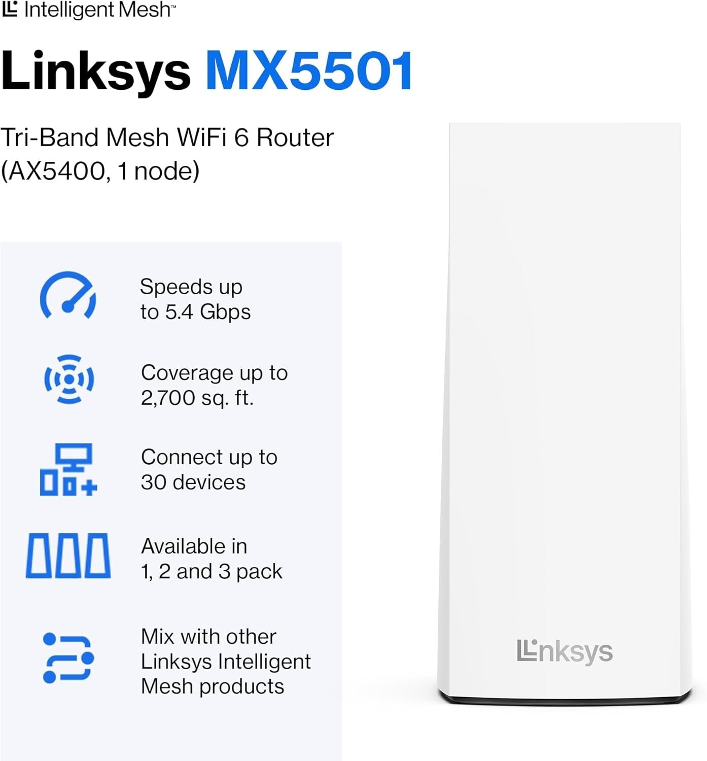 AX5400 Linksys Atlas Pro 6 WiFi Router DualBand Mesh 30 Devices 1 Pack
