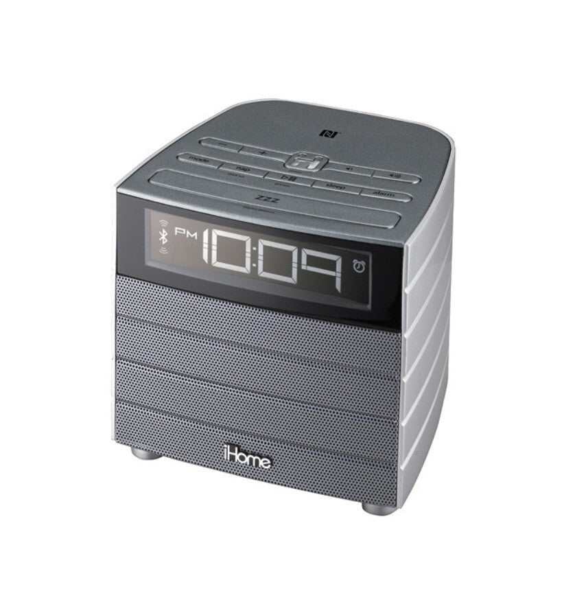 NFC USB iHome iBN20 pair play Bluetooth FM Clock Radio w Charging Gray