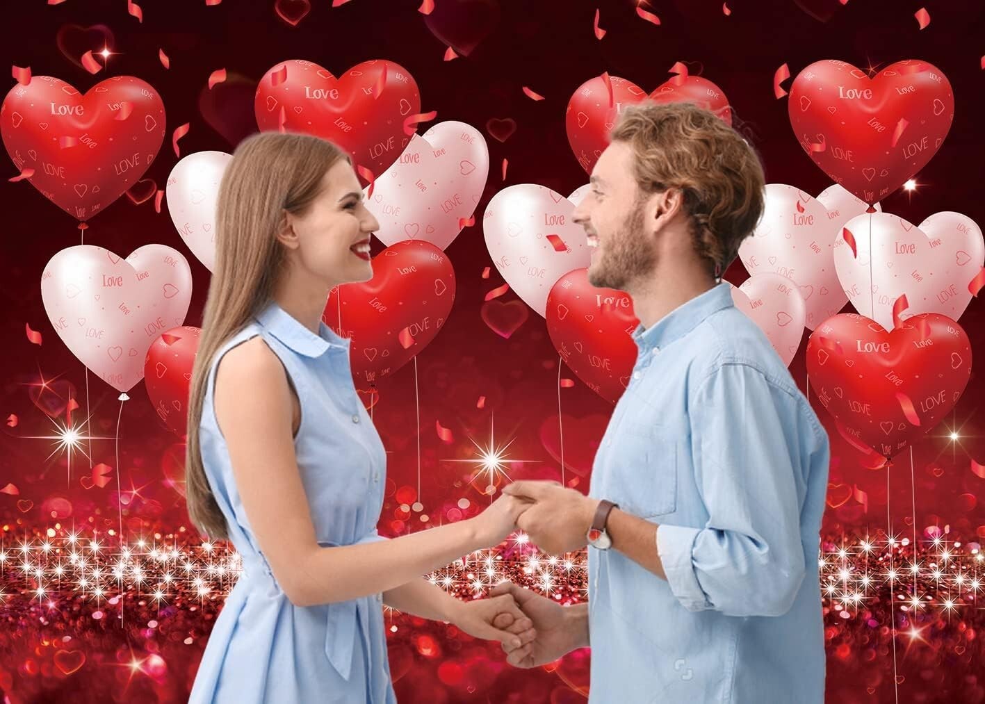 Red Pink Hearts Balloons Backdrop Valentines Day Glitter Romantic Couple Photog