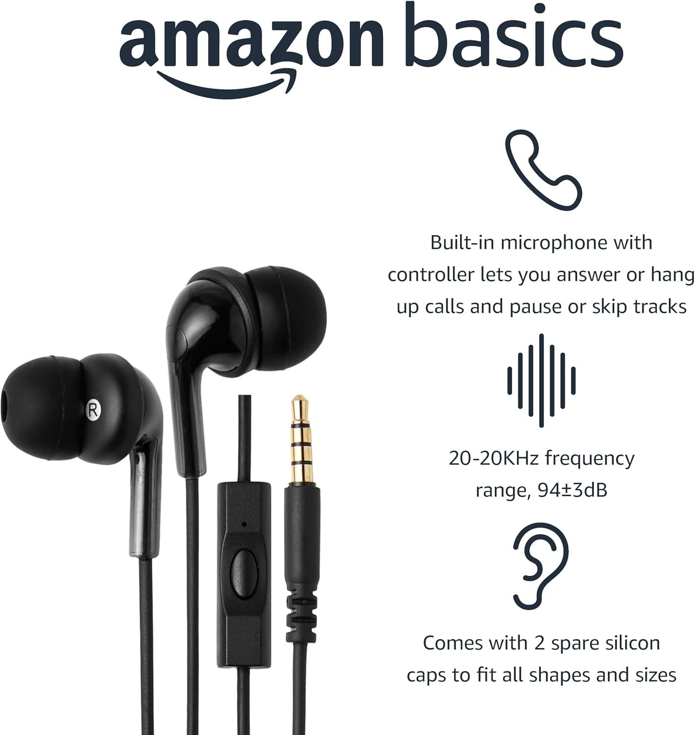 Amazon Basics Wired Earbuds with Microphone, in Ear Headphones, 3.5Mm Jack, 4.2