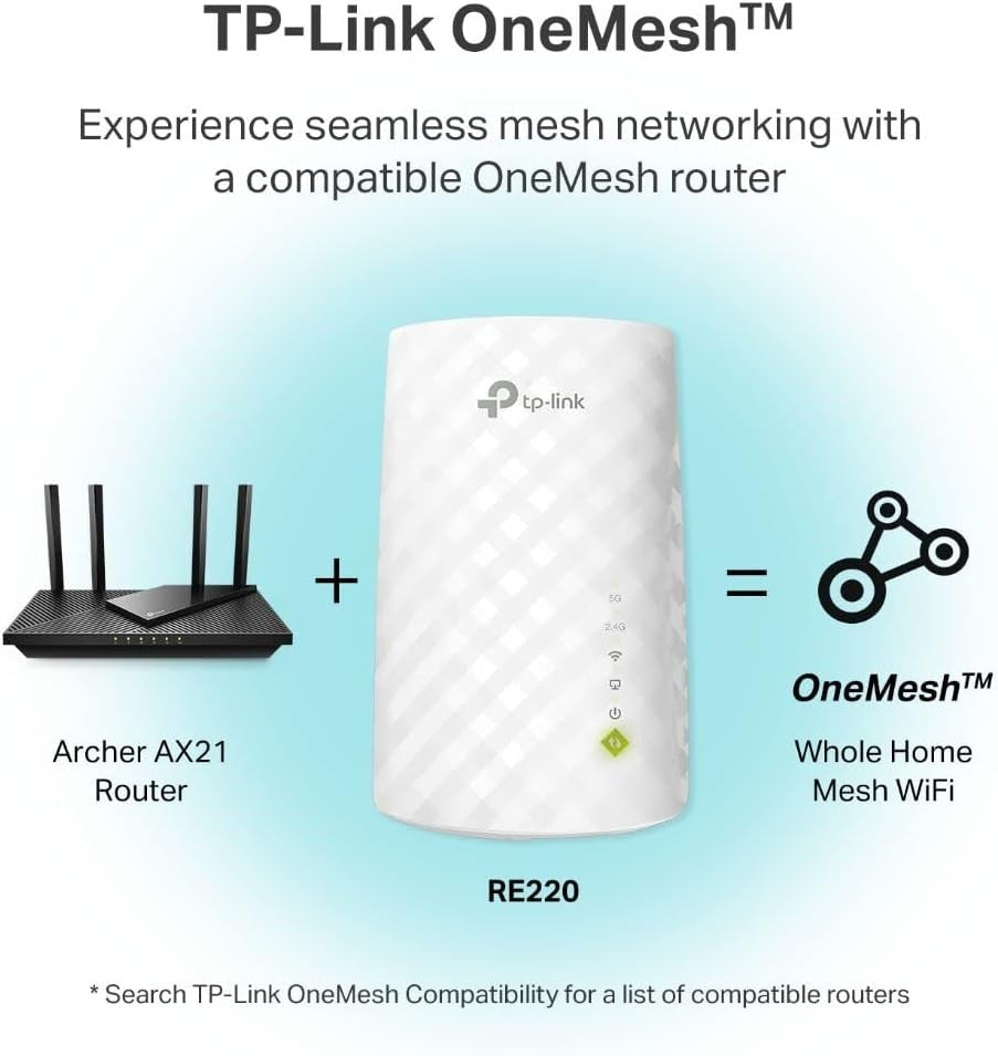 TP-Link RE220 WiFi Extender – Dual Band, OneMesh, 1200 Sq.ft, Ethernet Port