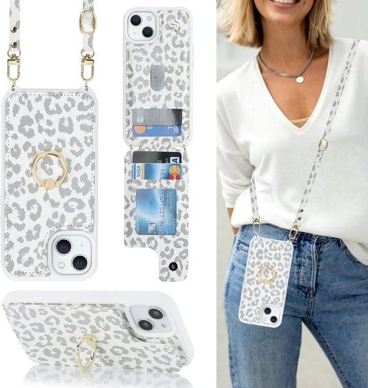 iPhone 13 Case for Women by Lipvina, Crossbody Lanyard, Card Slot, White Leopard