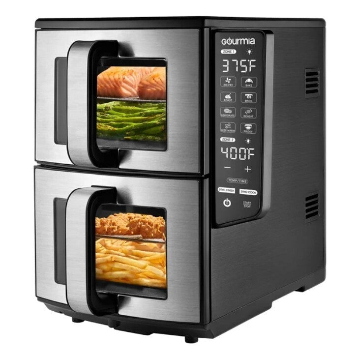 NEW 11-QT Gourmia Dual Basket Air Fryer Smart Finish 4Layer Cooking