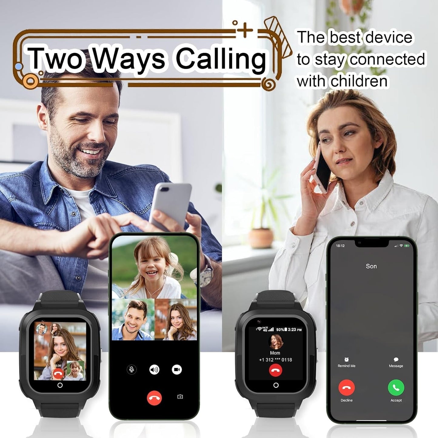 SIM GPS Kids Smartwatch w Card 4G Kids Tracker Whatsapp Line Realtime Calling