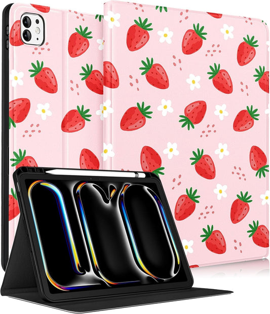 iPad Pro 11" Case 2024 M4 Cute Folio Smart Cover w/ Pencil Holder Strawberry