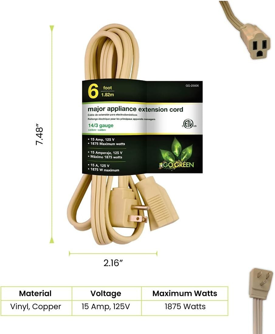 GG-25606 Go Green Power Inc 6 143 Appliance Cord Beige