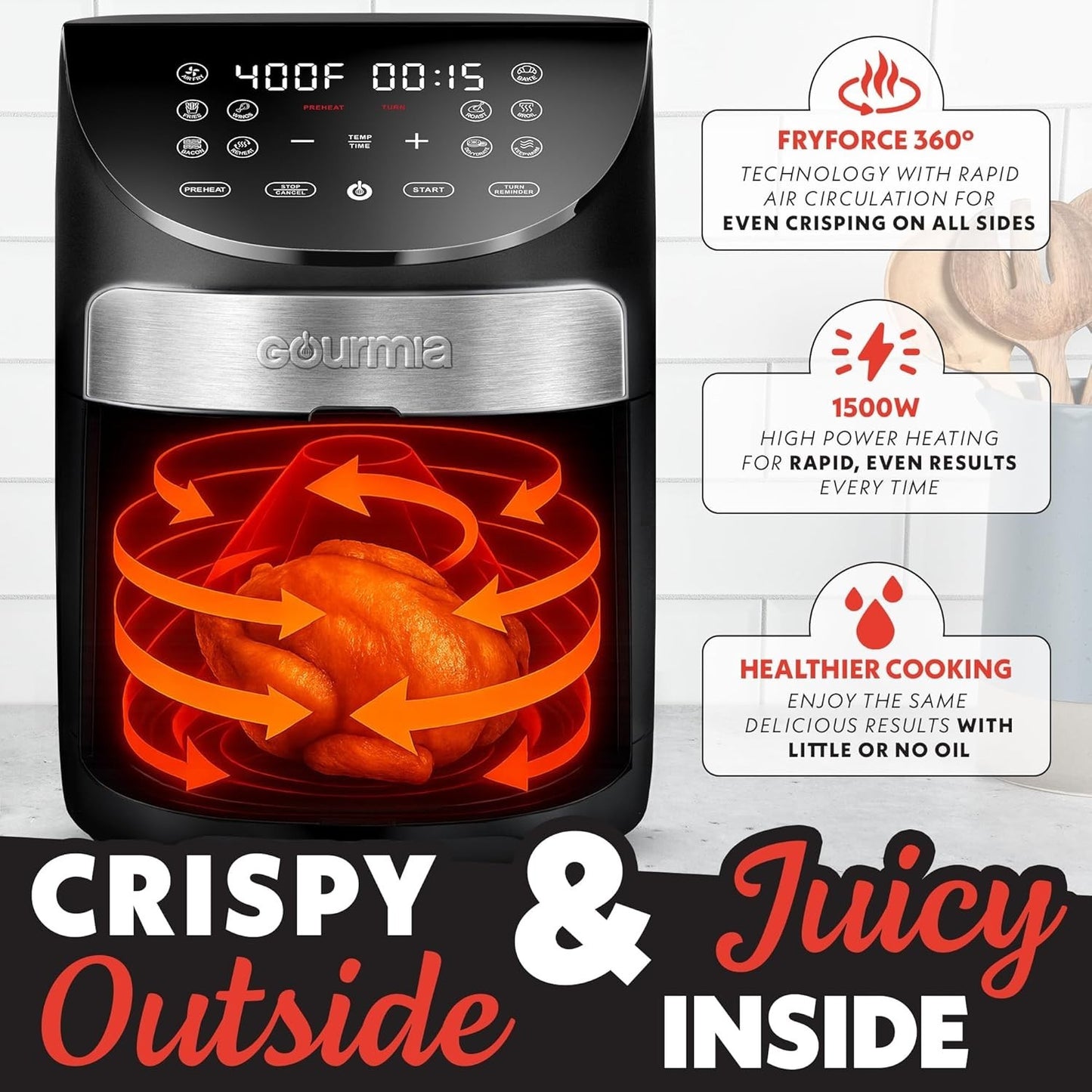 Gourmia 7QT Air Fryer Digital Controls, Guided Cooking, 10 Presets, 1500W, Black