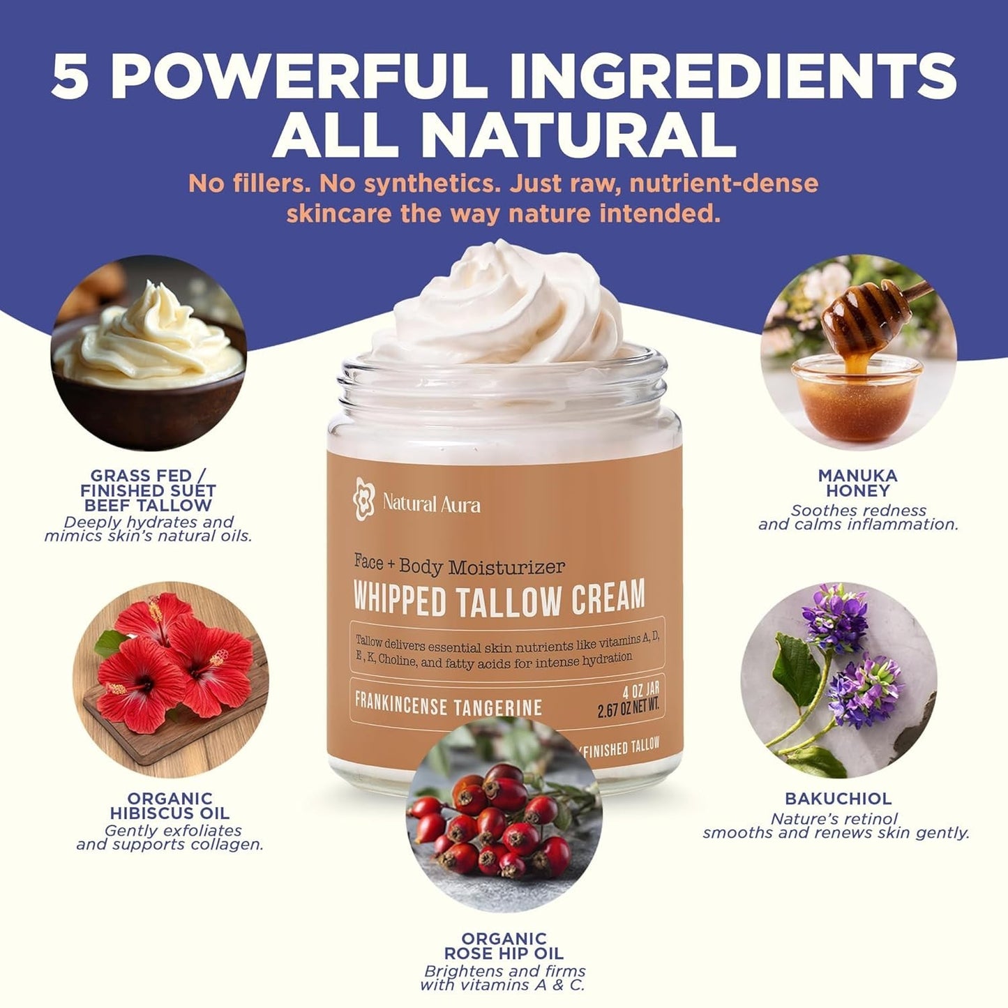 Whipped Beef Tallow & Honey Balm 4oz Natural Face Body Moisturizer Citrus
