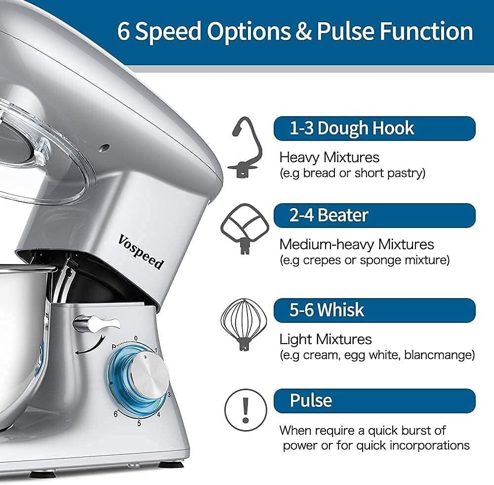 660W Vospeed Stand Electric Mixer 6Speed TiltHead Kitchen Dough 6 Qt Stainless