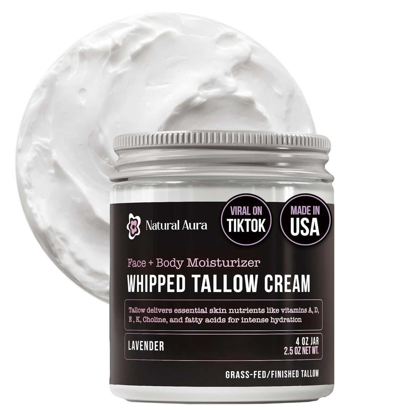 Whipped Beef Tallow 4oz Face & Body Moisturizer Lavender Natural Skin Balm